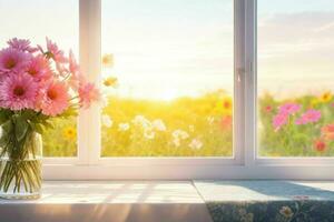 Fenster und Blume auf Tabelle verschwommen Hintergrund. ai generativ Profi Foto