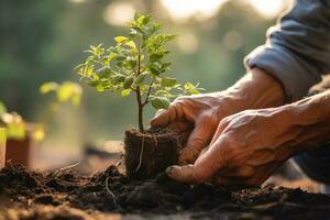 Nahansicht von ein des Mannes Hand Pflanzen ein Baum im das Boden ai generiert foto