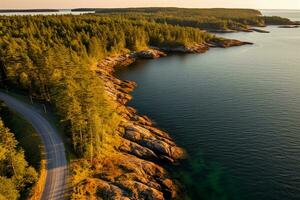 Antenne Aussicht von Autobahn und Wald im Finnland. Drohne Fotografie. ai generiert foto