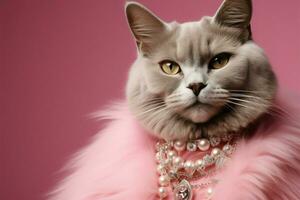 katzenartig Mode ein cool Katze protzt Schmuck auf ein Rosa Segeltuch ai generiert foto