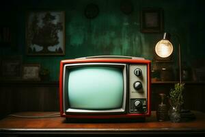 ein Blick von das Vergangenheit retro rot Fernseher im ein immer noch Leben Komposition ai generiert foto