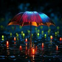 Neon- Regenschirm im das Regen, Stark Kontrast gegen schwarz Umfeld zum Sozial Medien Post Größe ai generiert foto