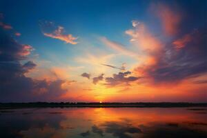 golden Stunde Farben heiter Horizont, ein atemberaubend Sonnenuntergang Landschaft Hintergrund ai generiert foto