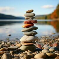 Küsten Steinhaufen Steine vereinbart worden im ein Strand Pyramide, ein still und natürlich Monument zum Sozial Medien Post Größe ai generiert foto