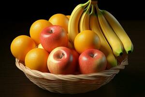 ein Obst Korb präsentieren ein vielfältig Quartett von Banane, Pfirsich, Apfel, und Orange ai generiert foto