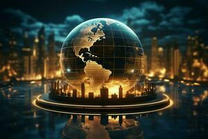 das Globus symbolisiert das Futures verbunden Cyberwelt, Kommunikation, und Technologie ai generiert foto