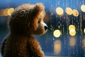 einsam Teddy Bär weint durch das Fenster, Regen und Bokeh ai generiert foto