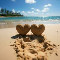 herzlich Verbindung zwei handgeschrieben Herzen auf sandig Strand, gerahmt durch tropisch Hintergrund zum Sozial Medien Post Größe ai generiert foto
