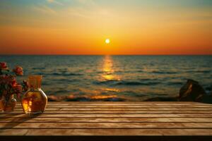 Strand Gelassenheit ein leeren Tabelle mit ein atemberaubend, verschwommen Meer Sonnenuntergang ai generiert foto