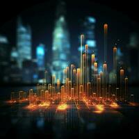 Geschäft Statistiken übersetzt in Bar Graph, Leuchter Diagramm verraten Lager Markt Preis zum Sozial Medien Post Größe ai generiert foto