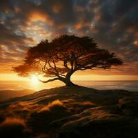 Silhouette von ein Baum mit Sonne Strahlen im das Hintergrund zum Sozial Medien Post Größe ai generiert foto