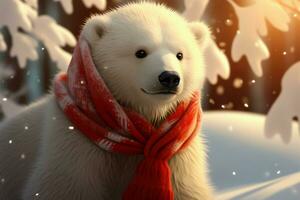 Polar- Bär Jungtier im ein rot Schal, rein Winter Verzauberung ai generiert foto