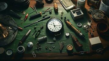 Detail von ein Uhrmacher Werkstatt mit Werkzeuge ai generiert foto