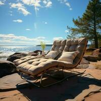 sandig Liegen Chaise Lounges auf das Strand Angebot erholsam direkt am Wasser Entspannung zum Sozial Medien Post Größe ai generiert foto