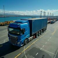 Antenne Aussicht halb LKW auf Blau, Container Ladung, Inbegriff Logistik und Transport zum Sozial Medien Post Größe ai generiert foto