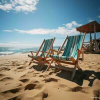 Ferien Ambiente sandig Strand Eigenschaften Strand Stühle, Blau Himmel, und warm Sonnenlicht zum Sozial Medien Post Größe ai generiert foto