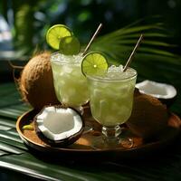 Sommer- tropisch Cocktail im frisch Grün Kokosnuss mit zwei bunt Regenschirme auf Palme Baum Blätter Hintergrund zum Sozial Medien Post Größe ai generiert foto