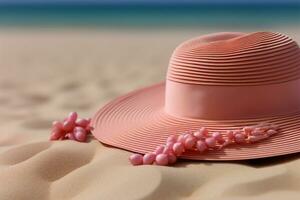 Küsten Zubehörteil ein Strand Sand Hintergrund mit ein Rosa Stroh Hut ai generiert foto