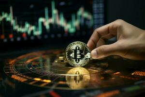 Digital finanziell Zukunft Hand mit Bitcoin Münze auf Diagramm Hintergrund ai generiert foto