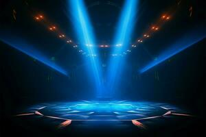 Bühne gebadet im Blau Neon- und Scheinwerfer, gebracht zu Leben ai generiert foto