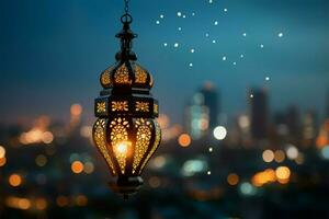 beleuchtet Feier hängend Laterne mit Stadt Bokeh zum Ramadan kareem ai generiert foto