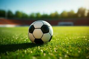 Grün Arena Fußball Ball ruht auf das Gras, Stadion drohend ai generiert foto