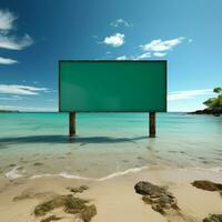 aqua Plakatwand Aussicht unbesetzt Zeichen auf Strand, Blick Über still Wasser zum Sozial Medien Post Größe ai generiert foto