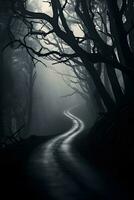mysteriös dunkel Wald Straße im das Nebel. Halloween Konzept ai generiert foto