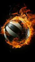 ein Volleyball verschlungen im Flammen steht aus gegen ein schwarz Hintergrund Vertikale Handy, Mobiltelefon Hintergrund ai generiert foto