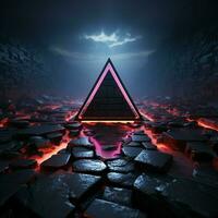 futuristisch 3d machen Neon- Dreiecke inmitten Obsidian Stein Kopfsteinpflaster zum Sozial Medien Post Größe ai generiert foto