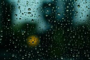 Monsun Kunst Regentropfen schmücken ein Glas Fenster im das regnerisch Jahreszeit ai generiert foto