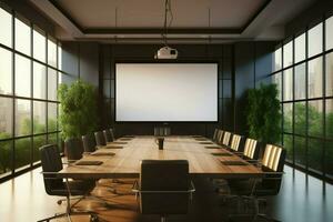 Sitzungssaal Rahmen Treffen Raum ausgestattet mit ein Mauer montiert Bildschirm ai generiert foto