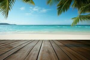 Kokosnuss Baum gefüttert Strand Ideal Hintergrund zum Produkt Anzeige auf Tabelle ai generiert foto