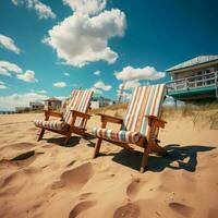 Küsten Komfort Strand Stühle auf sandig Ufer unter sonnig Blau Himmel und Wolken zum Sozial Medien Post Größe ai generiert foto