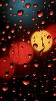 Nachtzeit Ambiente Regentropfen gegen das Fenster, gebadet im rot Beleuchtung Vertikale Handy, Mobiltelefon Hintergrund ai generiert foto