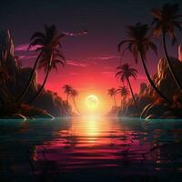 3d Illustration Neon- Sonnenuntergang, Palme Bäume im ein retro Album Startseite zum Sozial Medien Post Größe ai generiert foto