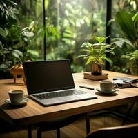 effizient Arbeitsplatz mit Laptop, Kaffee, Notizbuch, Zimmerpflanze auf hölzern Tabelle zum Sozial Medien Post Größe ai generiert foto