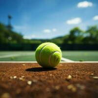 Tennis Spiel im Fortschritt auf ein Grün Gericht mit ein Ball zum Sozial Medien Post Größe ai generiert foto