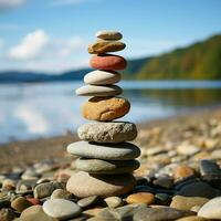 Küsten Steinhaufen Steine vereinbart worden im ein Strand Pyramide, ein still und natürlich Monument zum Sozial Medien Post Größe ai generiert foto