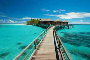 sonnig Malediven Resort bunt Meereslandschaft, perfekt zum Sommer- Ferien Kurzurlaube ai generiert foto