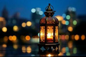 Ramadan glühen Laterne, Termine Teller mit Stadt Bokeh auf Nacht Himmel ai generiert foto