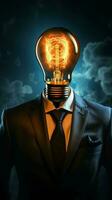 Geschäftsleute Lampe Kopf leuchtet mit ein brillant Funke von Idee Vertikale Handy, Mobiltelefon Hintergrund ai generiert foto
