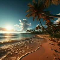 Strand Palmen tropisch Bäume Anmut Strand, schwankend unter das Sonnen warm streicheln zum Sozial Medien Post Größe ai generiert foto