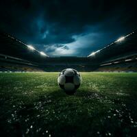 beleuchtet Tonhöhe, Scheinwerfer Besetzung dramatisch glühen auf Fußball Feld Aktion zum Sozial Medien Post Größe ai generiert foto