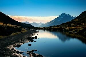 ländlich montieren Täler wild Schönheit, mit ein Blau Berg See ai generiert foto