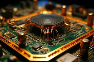 kompliziert Insektoid Metall Komponenten verbessern ein umfangreich pcb zum fortgeschritten Elektronik ai generiert foto