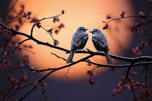 zärtlich Silhouette Vögel im Liebe, ruhen auf ein Bäume Gliedmaßen ai generiert foto