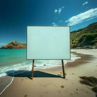 leer Plakatwand auf das Strand mit Meer im das Hintergrund zum Sozial Medien Post Größe ai generiert foto