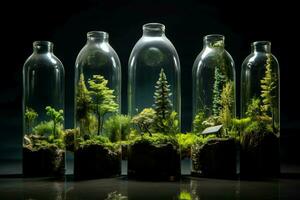 transparent Glas Flasche mit Grün Ökosystem. generieren ai foto