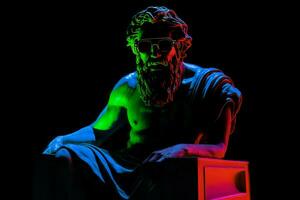 Antiquität männlich Statue mit Neon- Brille. generieren ai foto